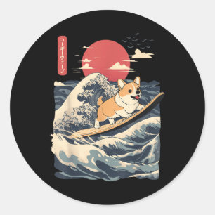 Corgi Surfing Japansk våg Runt Klistermärke