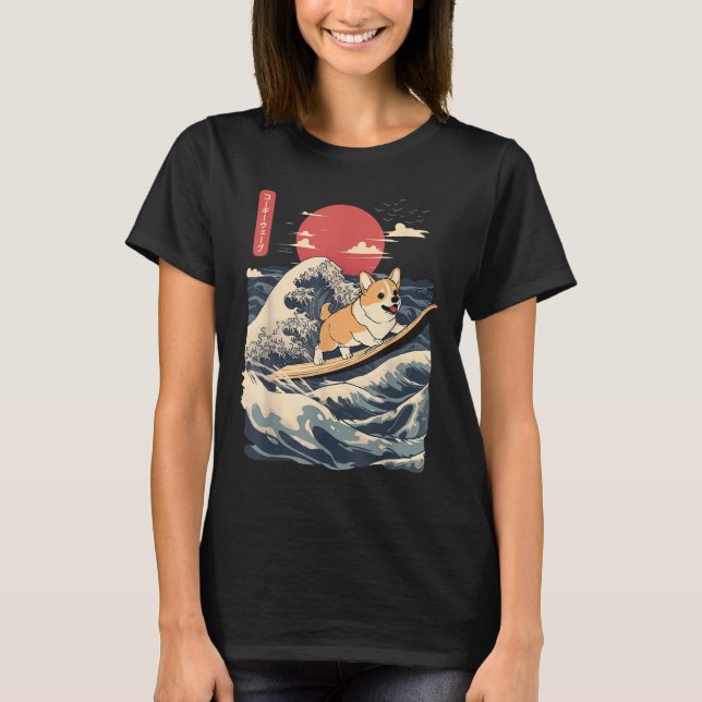 Corgi Surfing Japansk våg T Shirt (Framsida)