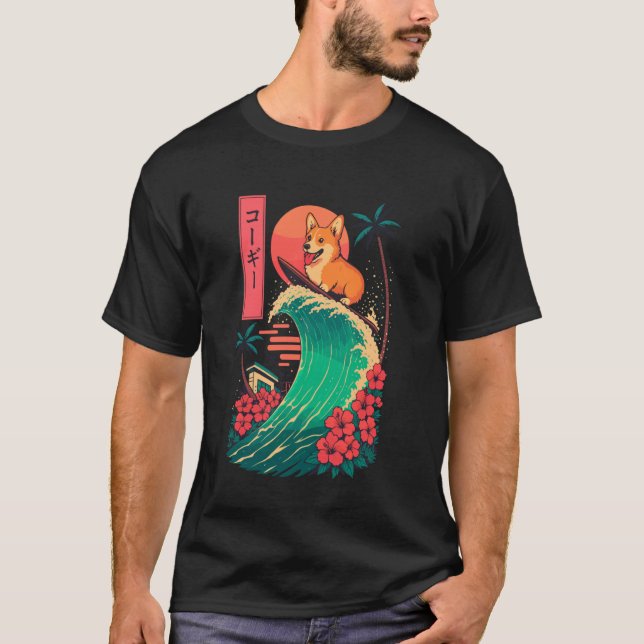 Corgi Surfing Japansk Våg T Shirt (Framsida)