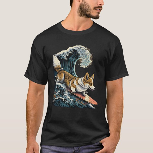 Corgi Surfing Kanagawa japanska Den underbara våge T Shirt (Framsida)