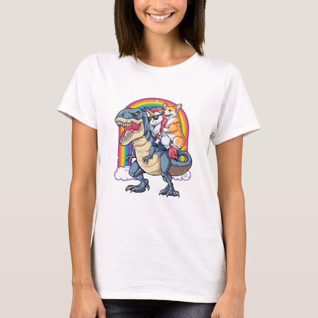 Corgi Unicorn Riding Dinosaur T rex Shirt för mana (Framsida)