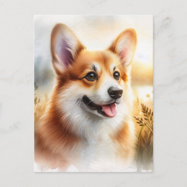 Corgi utomhus Vattenfärgskonst Vykort (Framsida)
