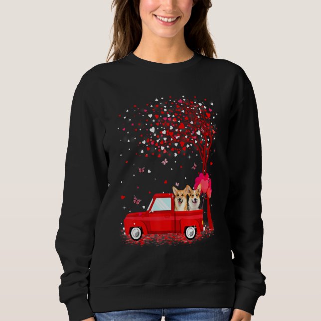 Corgi Valentine's Day  Dogs Red Truck Hearts T Shirt (Framsida)