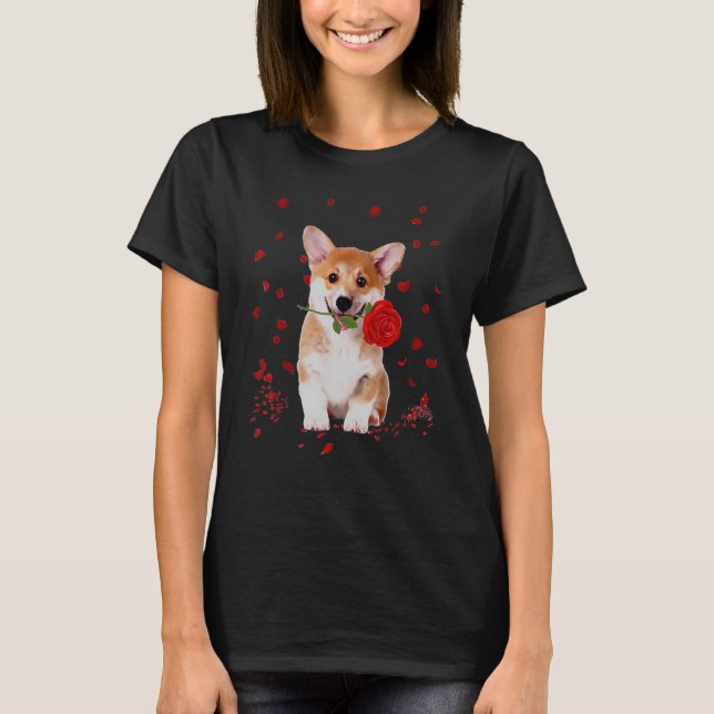 Corgi Valentines Day Hearts Kärlek Ro Flower T Shirt (Framsida)