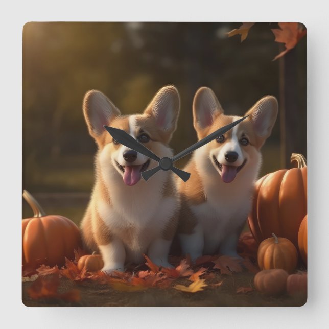 Corgi Valp Höstglädje Pumpa Fyrkantig Klocka (Framsida)