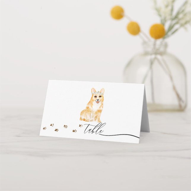 Corgi-valp Hundägare Bröllopsscript Bord Placeringskort (Framsida)