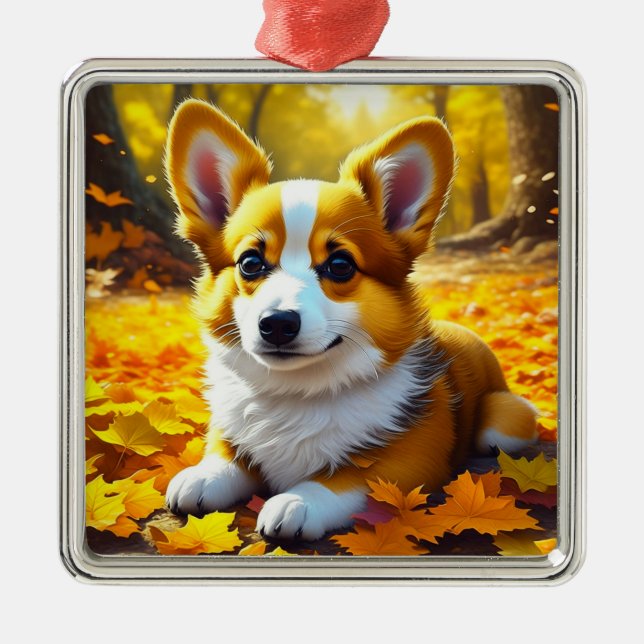 Corgi-valp leker i höstlöv julgransprydnad metall (Framsidan)