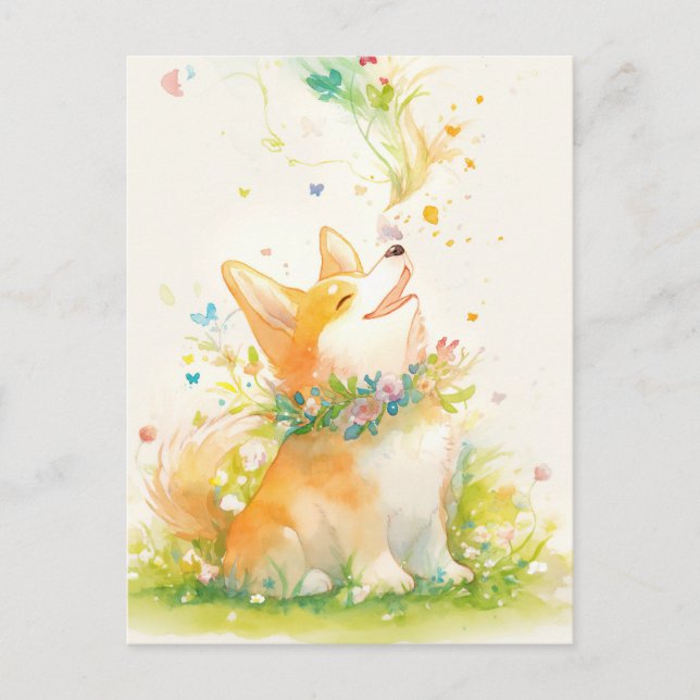 Corgi-valp med blomsterhalsband och fjärilar vykort (Framsida)