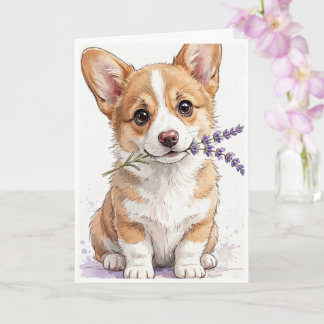 Corgi-valp med en kvist lavendel kort