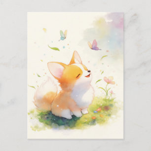 Corgi-valp med fjärilar på solig äng vykort