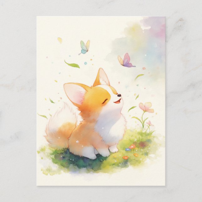 Corgi-valp med fjärilar på solig äng vykort (Framsida)