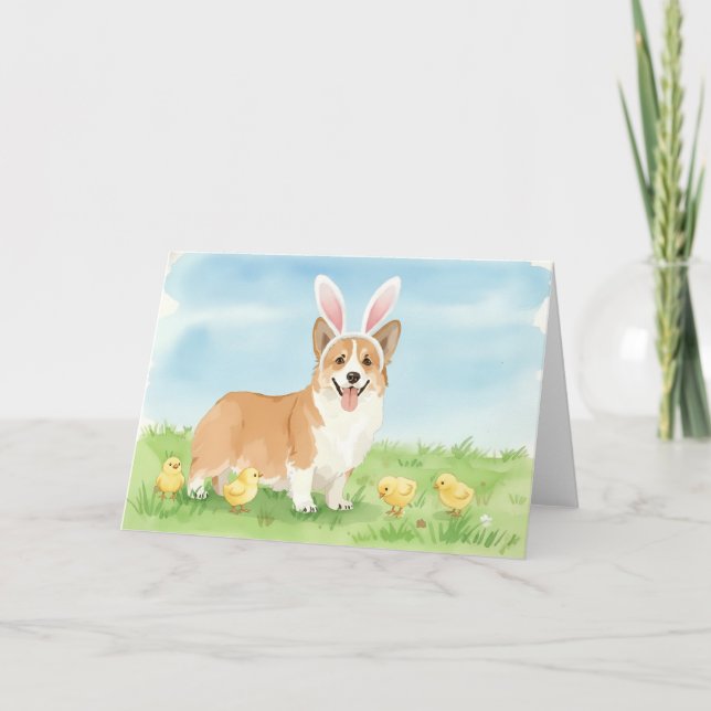 Corgi-valp Påsk Vår Vattenfärg Helgkort (Framsida)