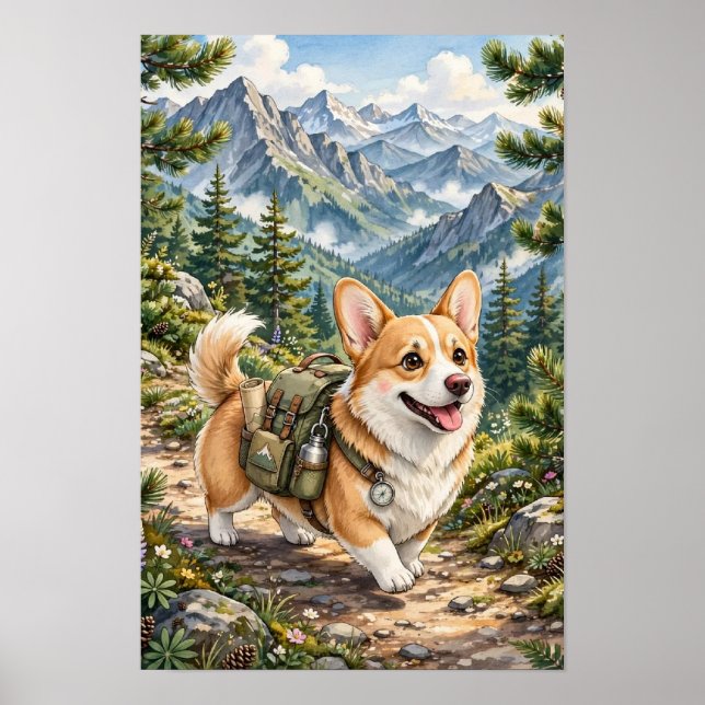 Corgi vandrar i bergen akvarell   poster (Framsidan)