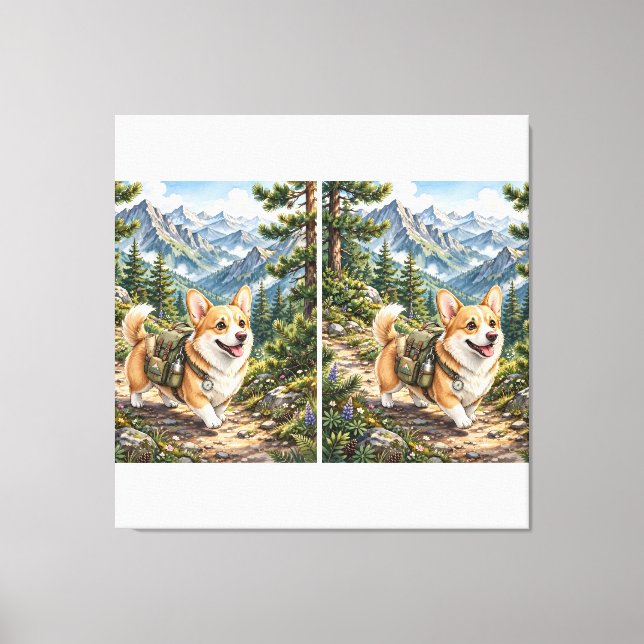Corgi vandrar i bergen Vattenfärg Canvastryck (Framsida)