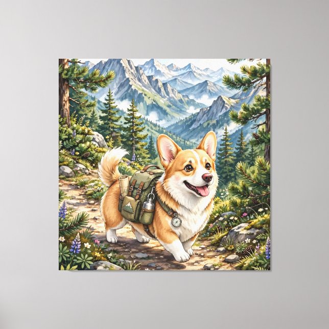 Corgi vandrar i bergen Vattenfärg på sträckt canva Canvastryck (Framsida)