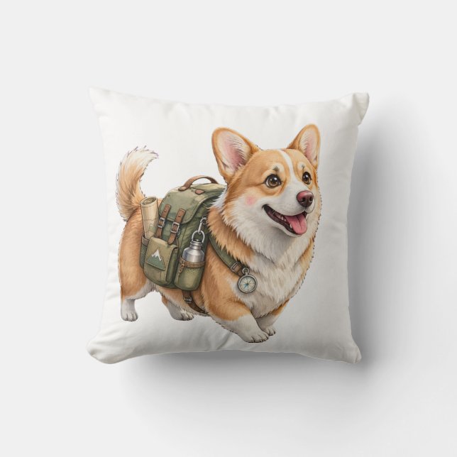 Corgi vandringsäventyr akvarell kastkudde kudde (Framsida)