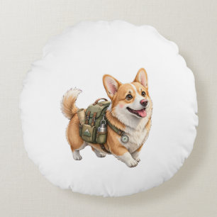 Corgi vandringsäventyr akvarell rund kudde