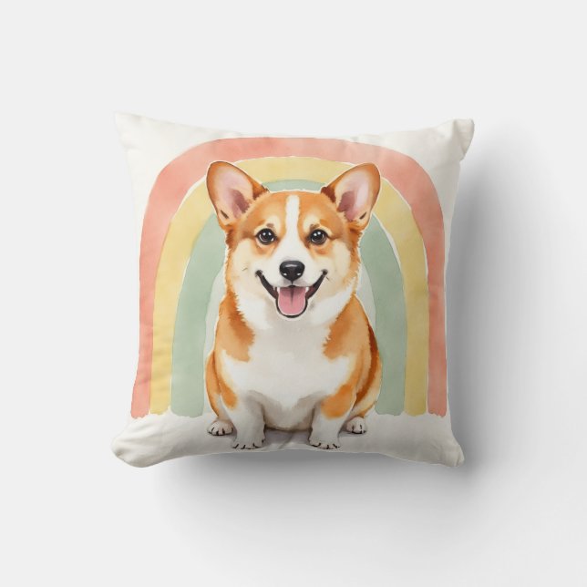 Corgi Vattenfärg Regnbågsbåge Konst Kudde (Framsida)