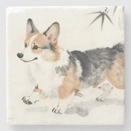 Corgi Watercolor – Whimsical Japansk Bläck Hund Ko Stenunderlägg