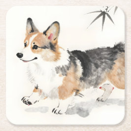 Corgi Watercolor – Whimsical Japansk Bläck Hund Ko Underlägg Papper Kvadrat