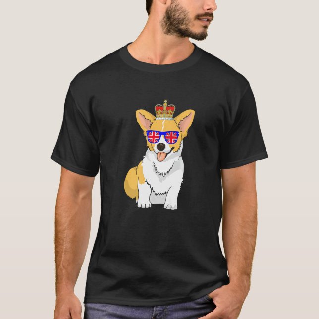 Corgi Wearing Sunglasses and Krona England UK Flag T Shirt (Framsida)