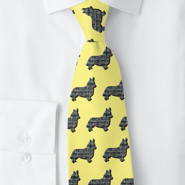 Corgi Welsh Gult & Black Grid Gult Nacke Slips (Corgi dog silhouette grid pattern yellow tie)