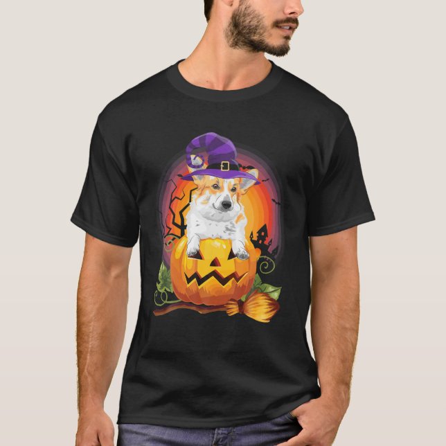 Corgi Witch Pumpkin Halloween Hund älskare Costume T Shirt (Framsida)