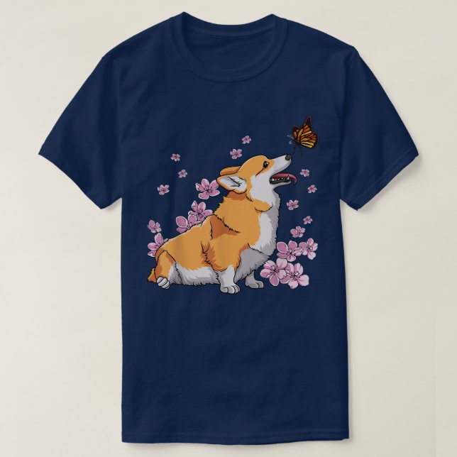 Corgi with Butterfly Japansk Sakura Cherry Blosso T Shirt (Design framsida)