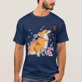 Corgi with Butterfly Japansk Sakura Cherry Blosso T Shirt