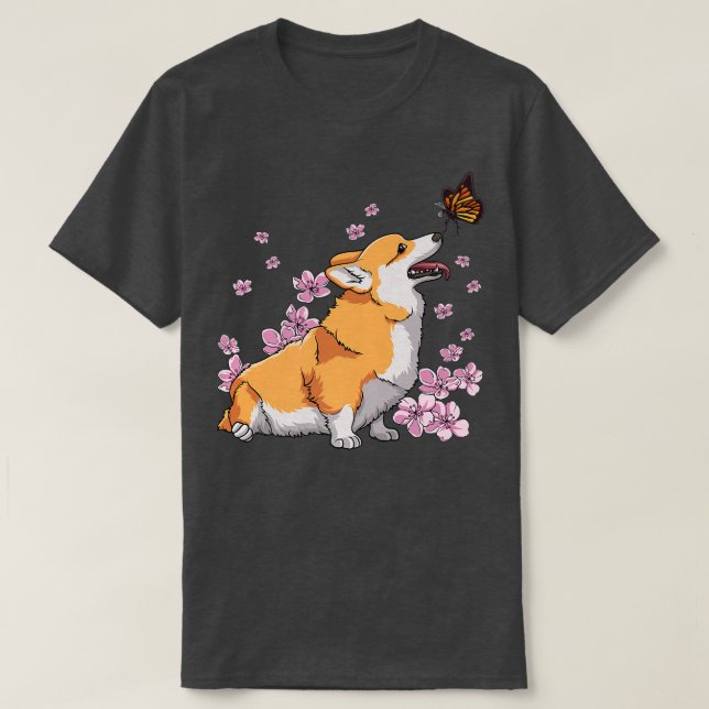 Corgi with Butterfly Japansk Sakura Cherry Blosso T Shirt (Design framsida)