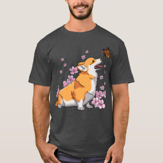 Corgi with Butterfly Japansk Sakura Cherry Blosso T Shirt
