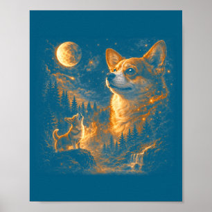 Corgi ylar mot månen vintage 90-tal retro djur poster