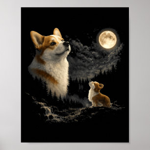 Corgi ylar mot månen vintage 90s rolig hund poster