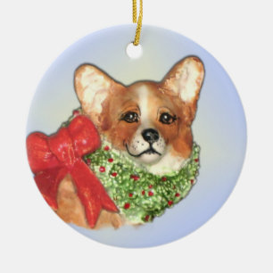 Corgien med Wreathe prydnaden Julgransprydnad Keramik