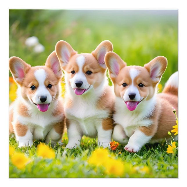Corgies leker i gräset fototryck (Framsidan)