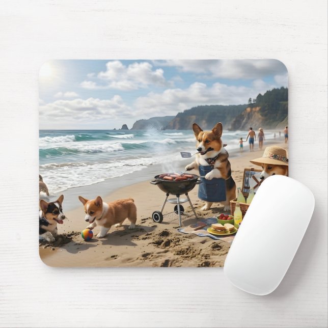 Corgifamilj på stranden musmatta (Med mus)