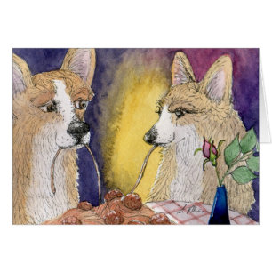 Corgihundar som äter spagetti och meatballs hälsningskort