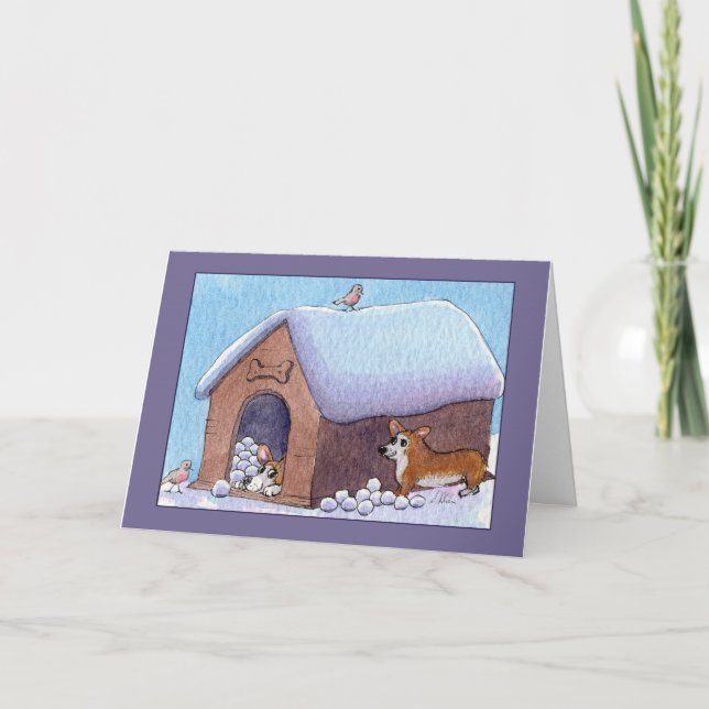 Corgihunden kastar snöboll överrrakning! Tomt Kort (Framsida)