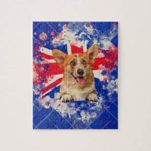 Corgiporträtt med den Britannien flagga Pussel
