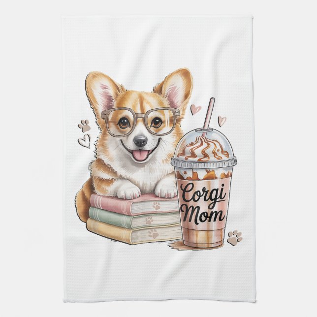 Corgis Böcker och Iced Coffee för Hund Kökshandduk (Vertikal)