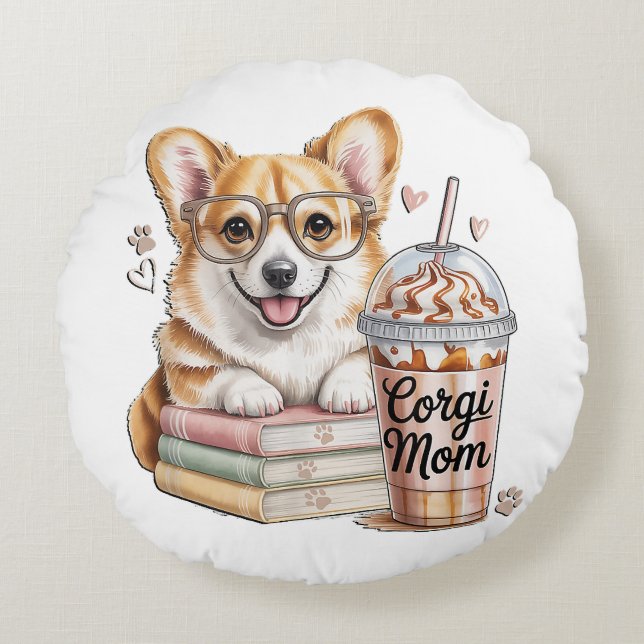 Corgis Böcker och Iced Coffee för Hund Rund Kudde (Framsidan)