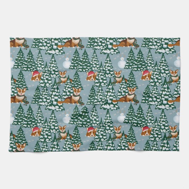 Corgis dekorerar Julgran i Forest Blue Kökshandduk (Horisontell)