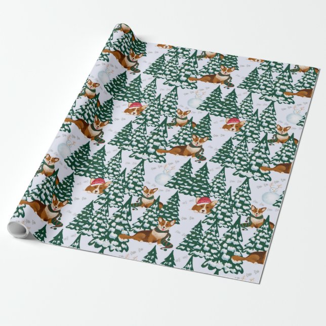 Corgis dekorerar Julgran i Vita skogen Presentpapper (Utrullad)