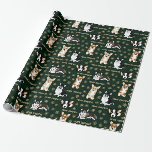 Corgis firar julklapp- grönt mönster-emballering presentpapper