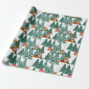 Corgis med roligt i vinterskogen - vit presentpapper