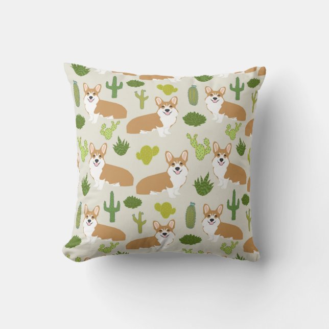 corgis och cactus dekorativ kudde - söt corgi-gåva (Framsida)