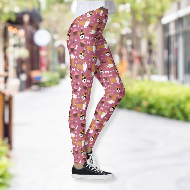 Corgis och Muffinsar Welsh Corgi Party Hat Leggings (Corgis and Cupcakes Leggings in Pink)