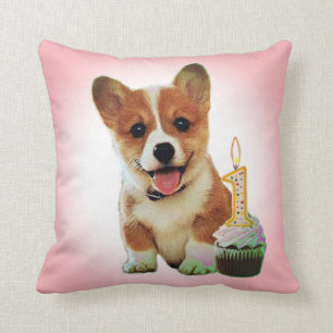 Corgivalp och första födelsedagmuffin kudde