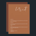 CORIANDER Boho Terracotta 5x7" Låt oss Eat Menu Meny<br><div class="desc">Den här menyn har ett edgy handskrivet teckensnitt och modern minimalistisk design med en kombination av boho terracotta och vit färg. Redigera enkelt *de flesta formuleringar som passar dina behov. Den här menyn gör att perfekten läggs till i din enkla contemporary eller bohemiska babydusch, möhippa, bröllop, pension eller någon annan...</div>