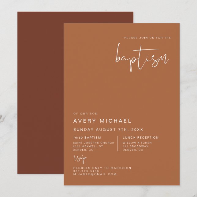 CORIANDER Boho Terracotta och Rust Desert Baptism Inbjudningar (Fram/baksida)